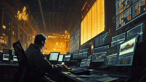 Cyber trader monitors multi-screen market command center.