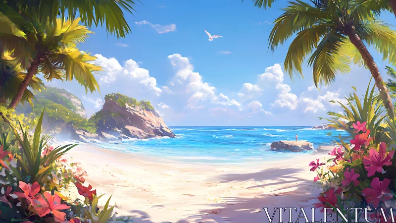 Tropical Beach Paradise Framed by Palms and Flowers