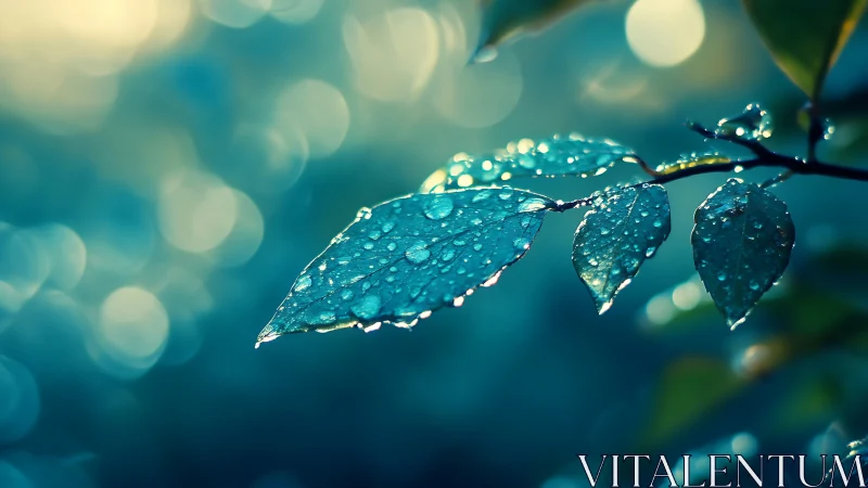 Rain-kissed leaves shimmer softly in dreamy teal bokeh.