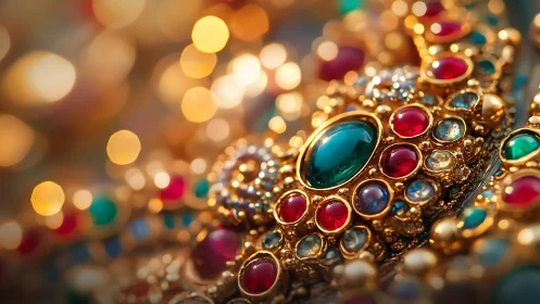 Macro close-up of ornate gold jewelry with multicolored gems