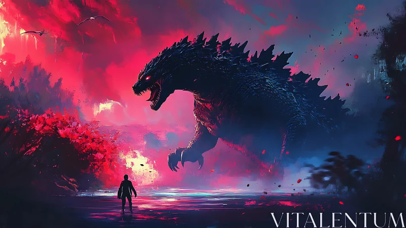 Colossal monster looms over lone figure in neon storm.