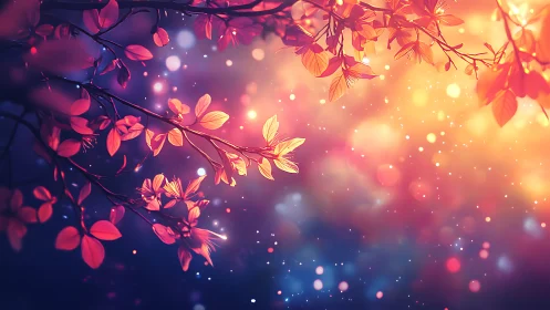 Glowing pink foliage against colorful dreamy bokeh sky.