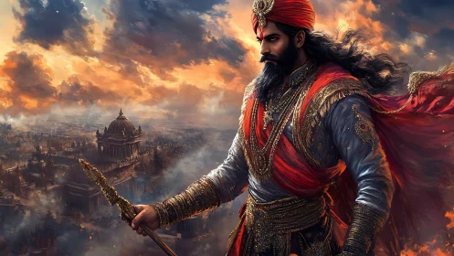 Regal warrior surveys burning ancient city at stormy dusk