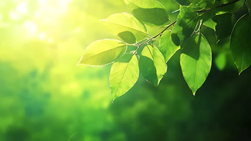 Sunlit Green Leaves Close-Up with Soft Bokeh Background.