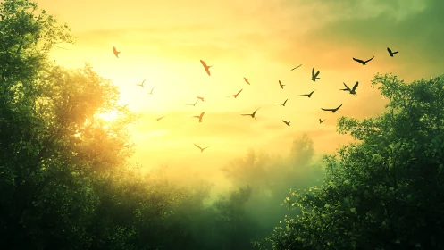 Digital painting sunrise woodland with silhouetted birds in flight.