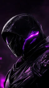 Hooded sci fi warrior in dark armor with purple light.
