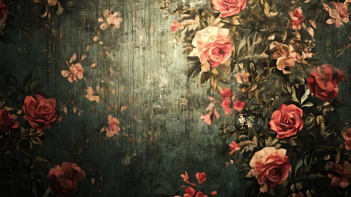 Faded garden roses drift softly across a weathered wall