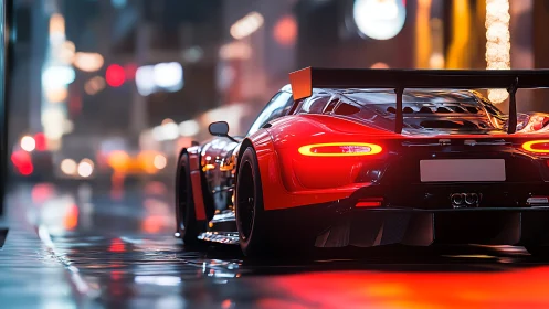 Neon-soaked supercar stalks wet city streets like liquid fire