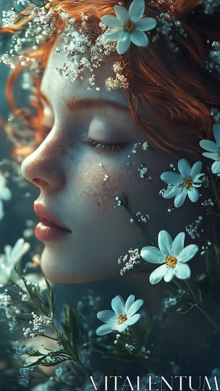 Dreamlike redheaded portrait entwined with white flowers.