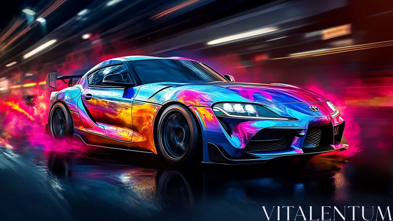 Neon turbo street racer blazing through night cityscape.