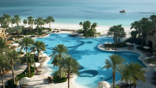 Palm-fringed lagoon pool kissing a calm turquoise shoreline.
