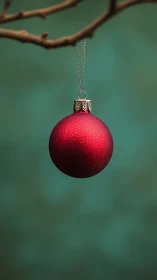 Macro study of suspended red bauble on minimal teal field.