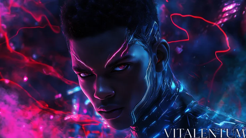 Neon cybernetic warrior in electric magenta stormscape.