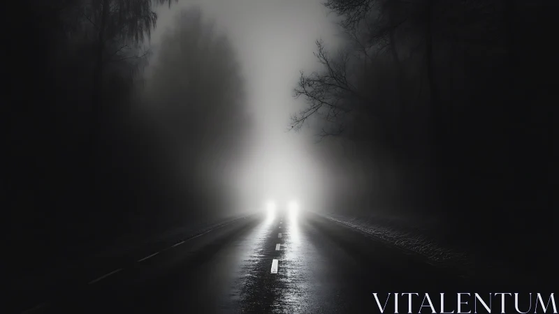 Headlights cutting through dense midnight roadside fog.