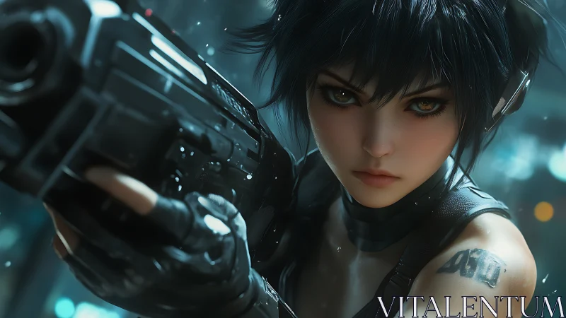 Cybernetic sniper locks target under neon city rain.