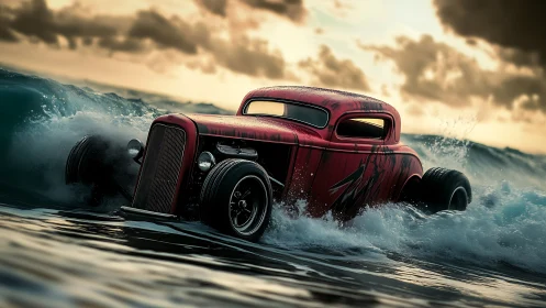 Crimson hot rod surfs stormy waves at a molten sunset
