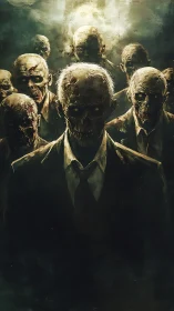 Undead businessmen advance from a foggy, desolate void.