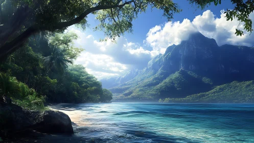 Tropical Coastal Landscape with Mountain Formation.