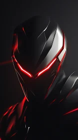 Cybernetic warrior helmet glows with intense red light.