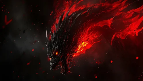 Flaming demonic dragon head emerging from red-black void.