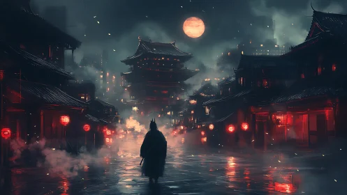 Lone samurai crossing misty lantern street under blood moon.