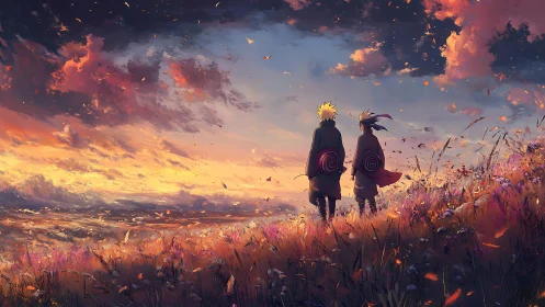 Two anime friends walk a glowing hillside at sunset