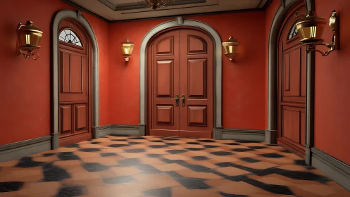 Crimson corridor of choices with gleaming doors and lanterns.