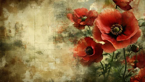 Red Poppies Against Weathered Vintage Texture.