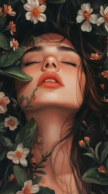 Blossoms cradle a dreaming face in soft, luminous stillness