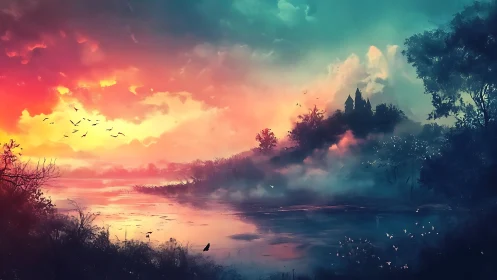 Castle silhouette above misty river under vivid sky at dusk.