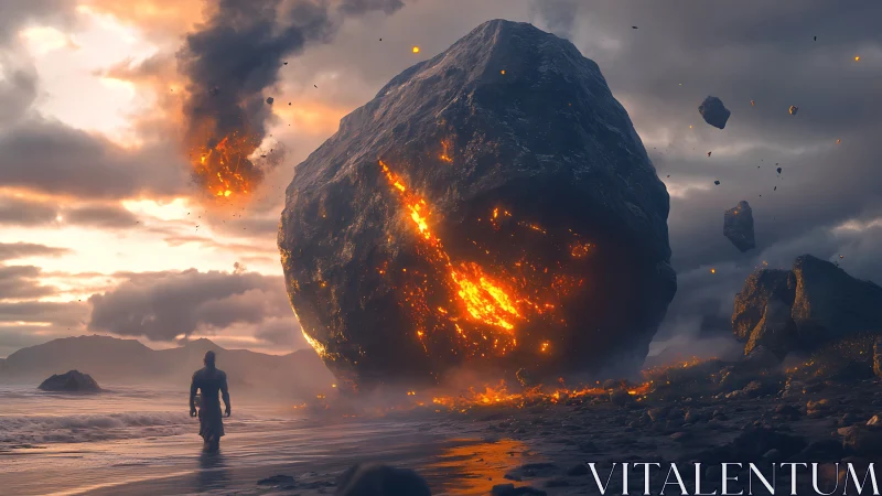 Colossal molten meteorite dominates a storm-lit coastal horizon