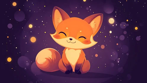 Starlit chibi fox smiles in a dreamy violet glowscape.