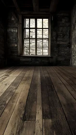 Quiet wooden room with a weathered stone window view.