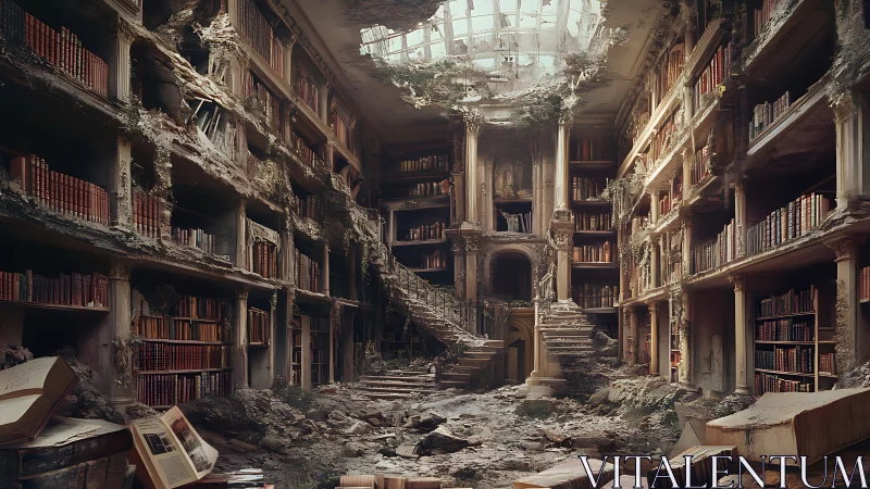 Ruined multi level library interior with collapsed ceiling.