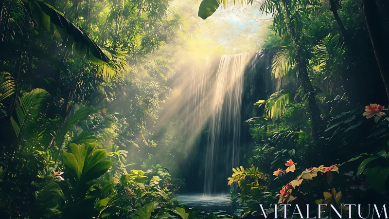 Sunlit jungle cascade bathing orchids in emerald hush.