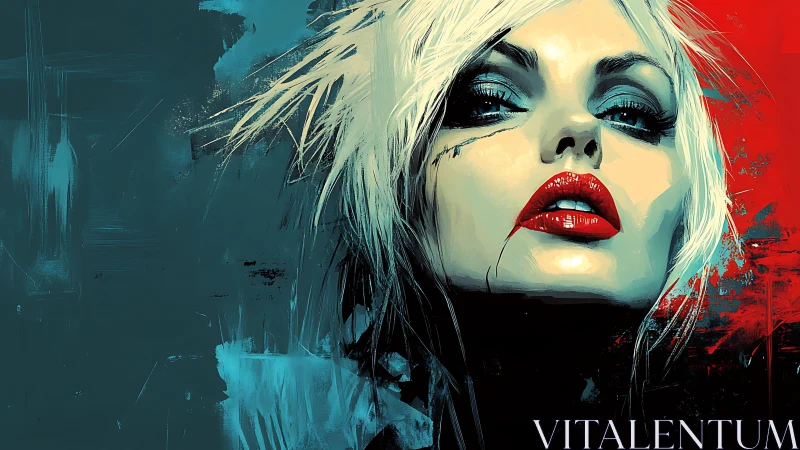 Crimson-lipped rebel rises from teal shadows and scarlet fire.