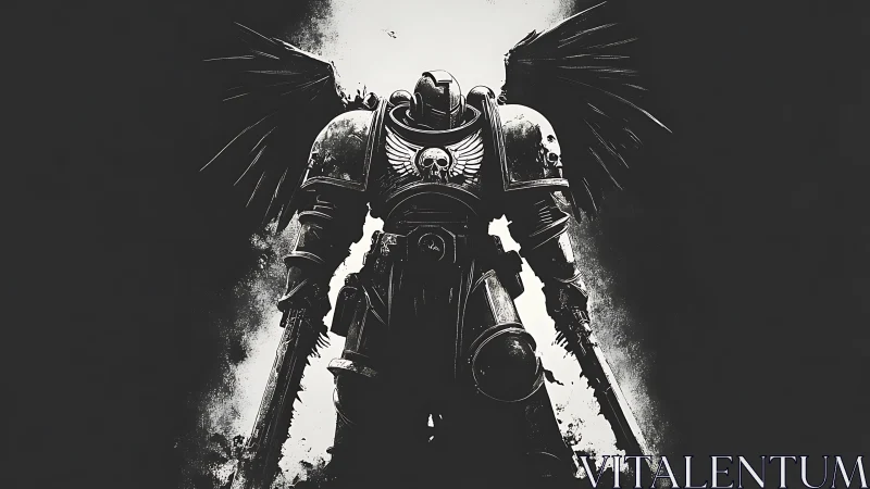Winged armored warrior stands in stark monochrome contrast