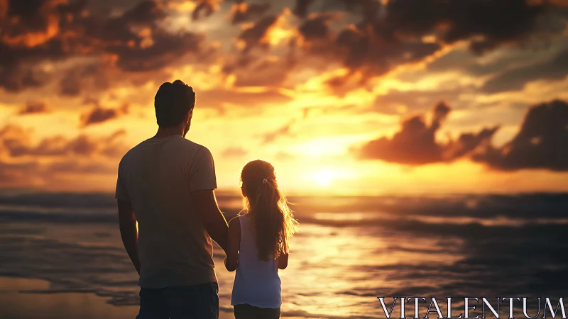 Silhouetted figures observe golden hour coastal scene with diffused atmospheric lighting.