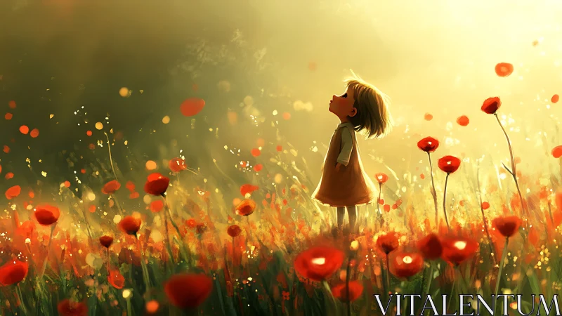 Backlit child in poppy field under volumetric sunset haze.