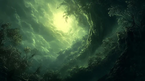 Luminous Forest Canyon with Atmospheric Light Break.