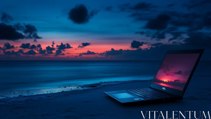 Ultrabook on tidal shoreline reflecting vivid dusk seascape