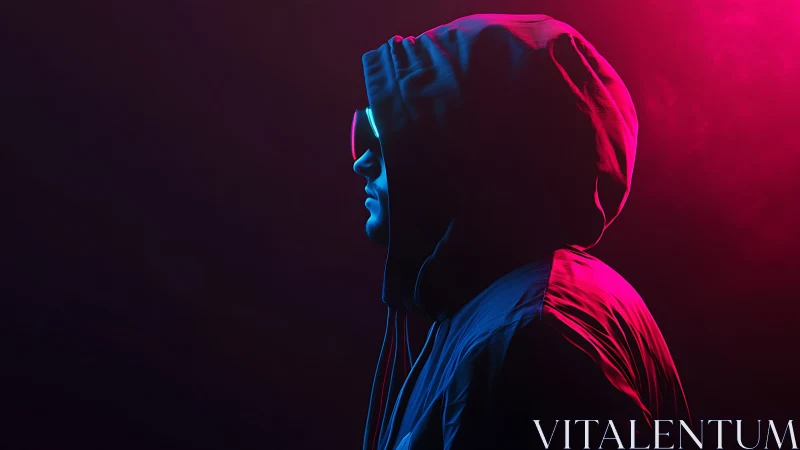 Neon hooded silhouette cuts through electric pink twilight.