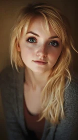 Soft portrait of blonde woman in warm, intimate lighting.