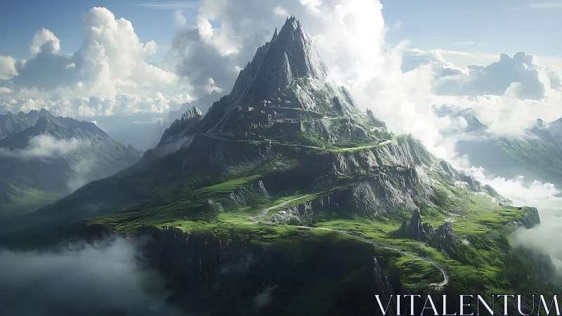 Steep fantasy mountain fortress above lush green valley.