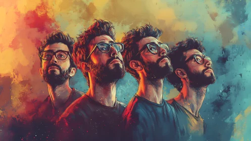 Multiple self-portraits in neon brushstrokes and dual tones.