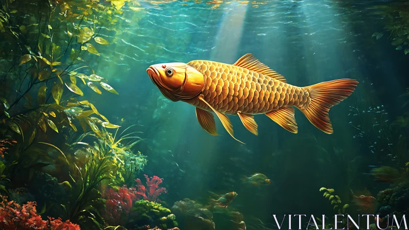 Golden koi swims through sunlit underwater garden scene.