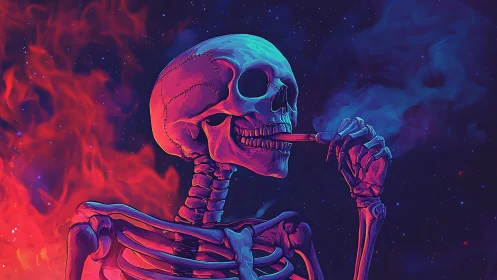 Neon skeleton smokes calmly between fire and cosmos.