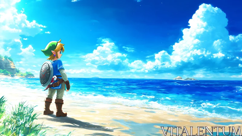 Cell-shaded beach adventurer surveying luminous ocean horizon.