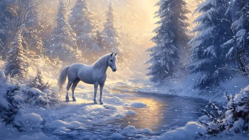 White horse in snowy forest beside glowing winter creek.