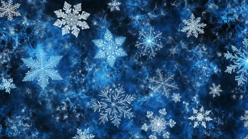 Icy crystalline snowflakes drifting on deep blue cosmos background.